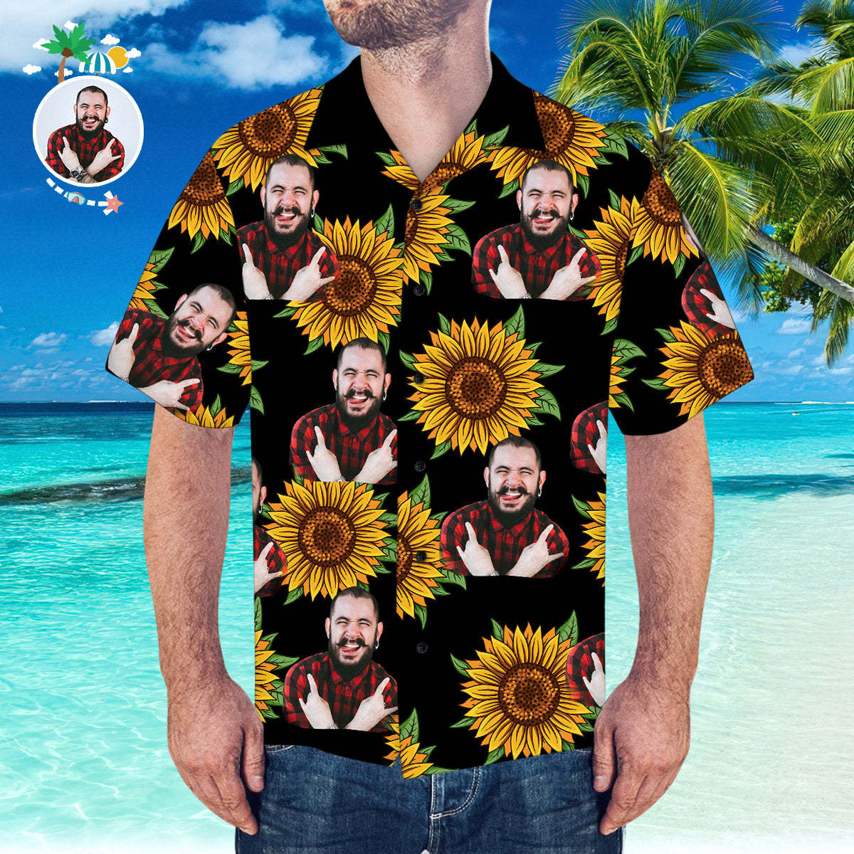 Camisa Hawaiana Personalizada Con Camisa De Girasol Y Hojas De Cara De Esposo Para Fiesta En La Playa - MyFaceSocksMX