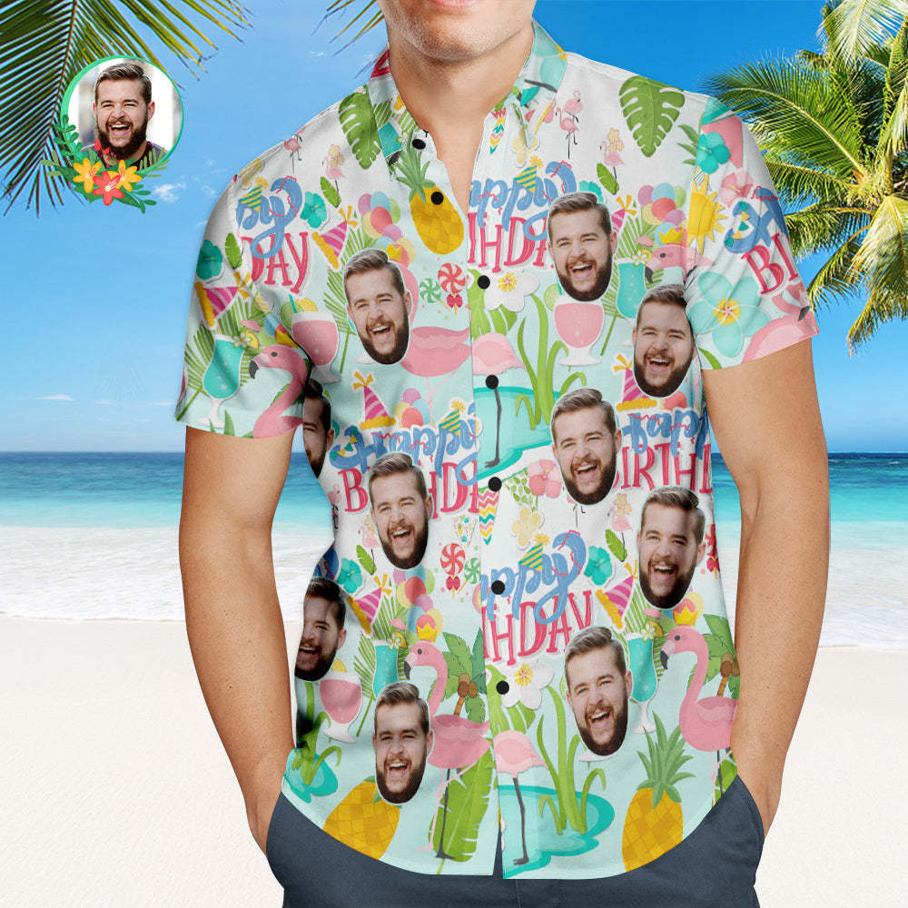 Camisa Hawaiana De Feliz Cumpleaños Personalizada Camisa De Cara Personalizada De Fiesta De Flamencos - MyFaceSocksMX