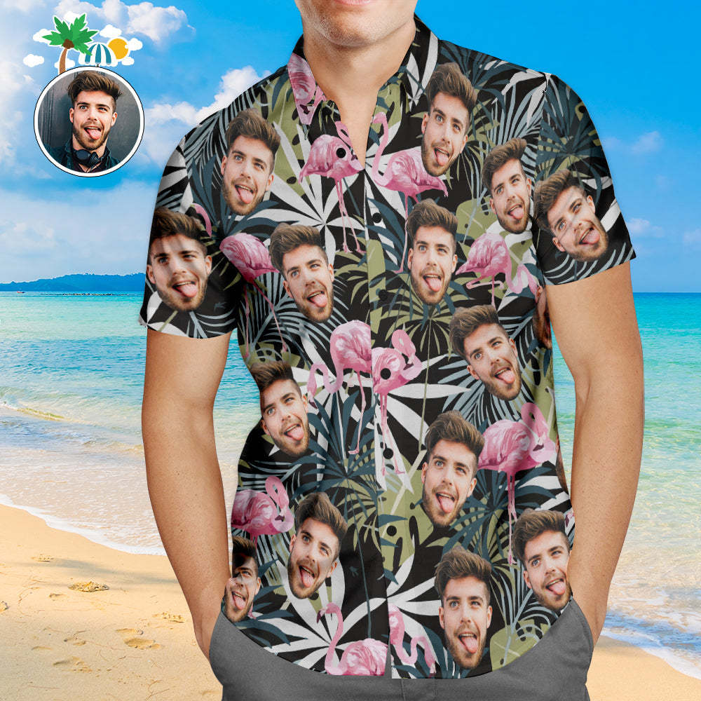 Camisa Hawaiana De Cara Personalizada Hojas Y Flamenco Camisa De Playa Aloha Personalizada Para Hombres - MyFaceSocksMX