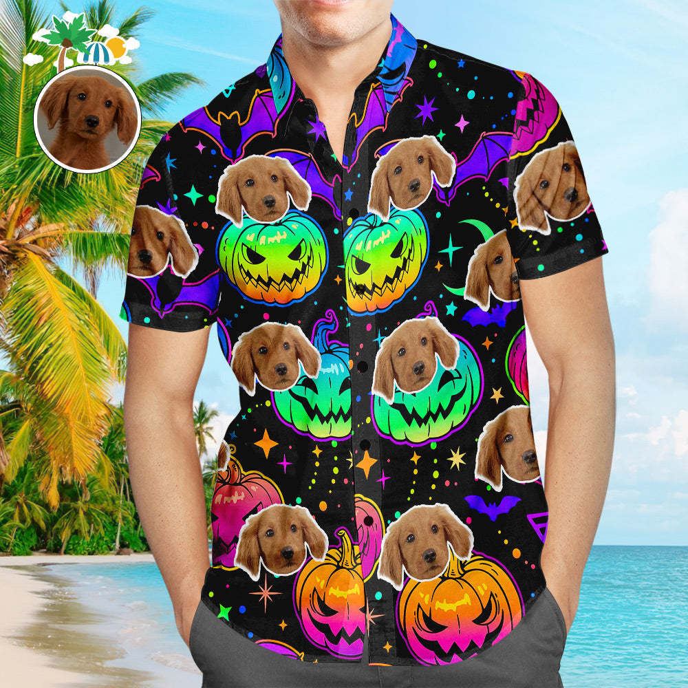 Camisa Hawaiana De Cara Personalizada Calabazas De Halloween Vintage Popular Para Hombres Estampado Completo Calabazas Y Murciélagos Multicolores Brillantes Camisa De Playa Hawaiana Regalo De Vacaciones - MyFaceSocksMX