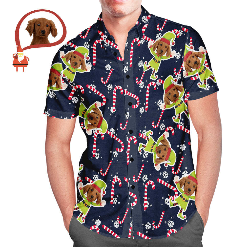Camiseta Hawaiana Con Estampado Completo De Duende Navideño Con Cara De Perro Personalizada Para Hombre, Regalo De Navidad Para Él - MyFaceSocksMX