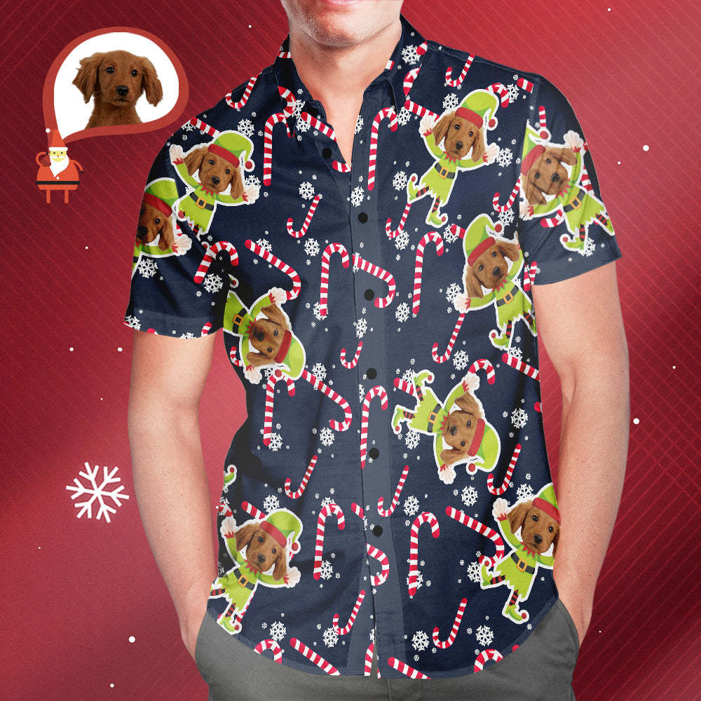 Camiseta Hawaiana Con Estampado Completo De Duende Navideño Con Cara De Perro Personalizada Para Hombre, Regalo De Navidad Para Él - MyFaceSocksMX