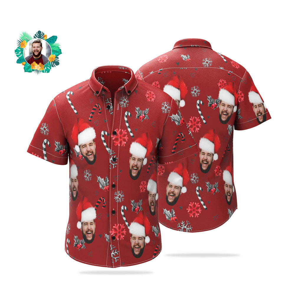 Camisa Hawaiana De Cara Personalizada Camisas De Navidad Con Foto Personalizada Con Bastones De Caramelo Para Hombres - MyFaceSocksMX