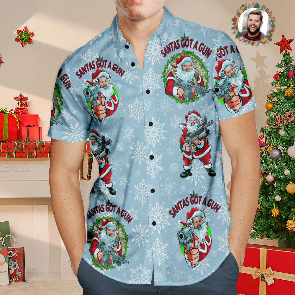 Camisa Hawaiana De Cara Personalizada Foto Personalizada Camisa Navideña Divertida De Papá Noel Con Ametralladora - MyFaceSocksMX