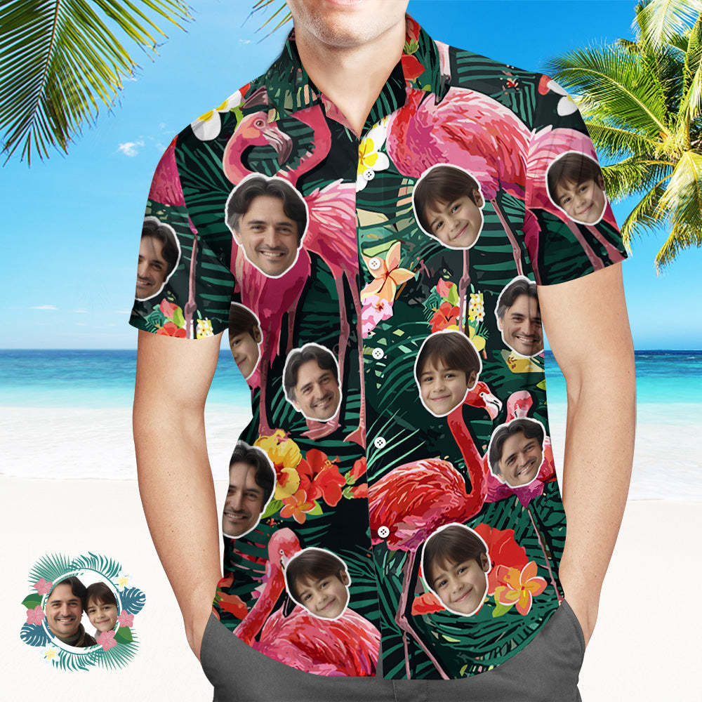 Camisa Hawaiana Con Estampado De Cara Personalizada, Camisa De Hombre Con Flamencos De Dibujos Animados, Fiesta En La Playa - MyFaceSocksMX
