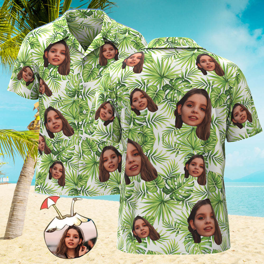 Camisa Hawaiana Con Cara Personalizada, Camisa Aloha Con Estampado Integral Para Hombre, Regalo - Hojas Verdes Frescas - MyFaceSocksMX