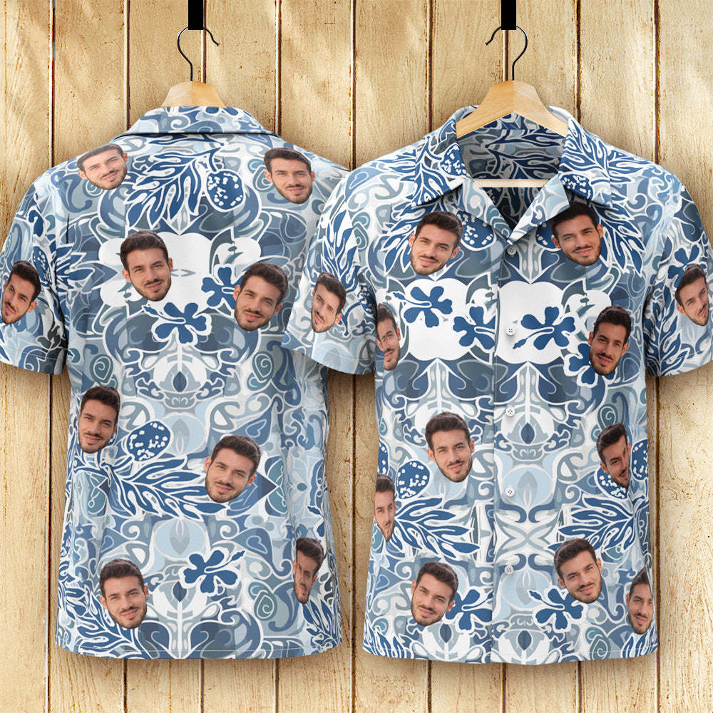 Camisa Hawaiana Con Cara Personalizada, Camisa Aloha Con Estampado Integral Para Hombre, Regalo - Patrón Vintage Azul - MyFaceSocksMX