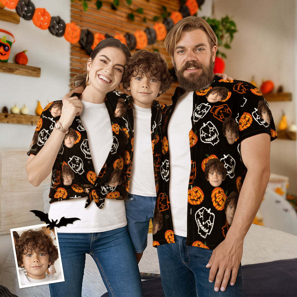 Traje Hawaiano A Juego Con La Familia De La Cara Personalizada Calabazas Divertidas A Juego Con Las Camisas Hawaianas - MyFaceSocksMX