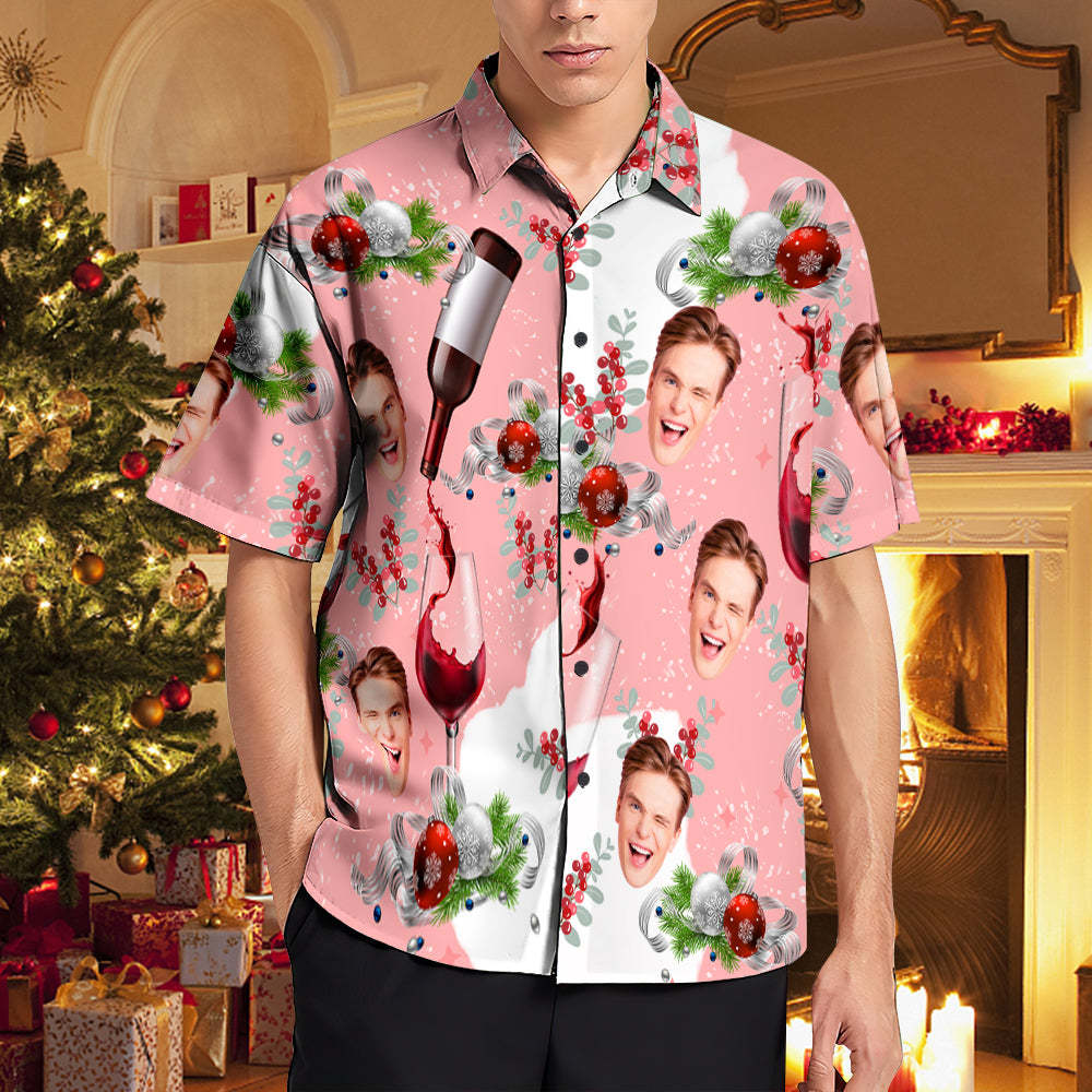 Camisas Hawaianas De Cara Personalizada Camisas De Navidad Para Hombres De Navidad Rosa Una Copa De Vino Fino - MyFaceSocksMX