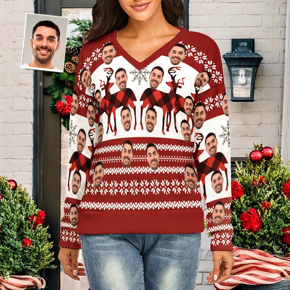 Suéter De Navidad Con Cuello En V Para Mujer Con Cara Personalizada, Alce De Navidad, Spandex, Cómodo - MyFaceSocksMX