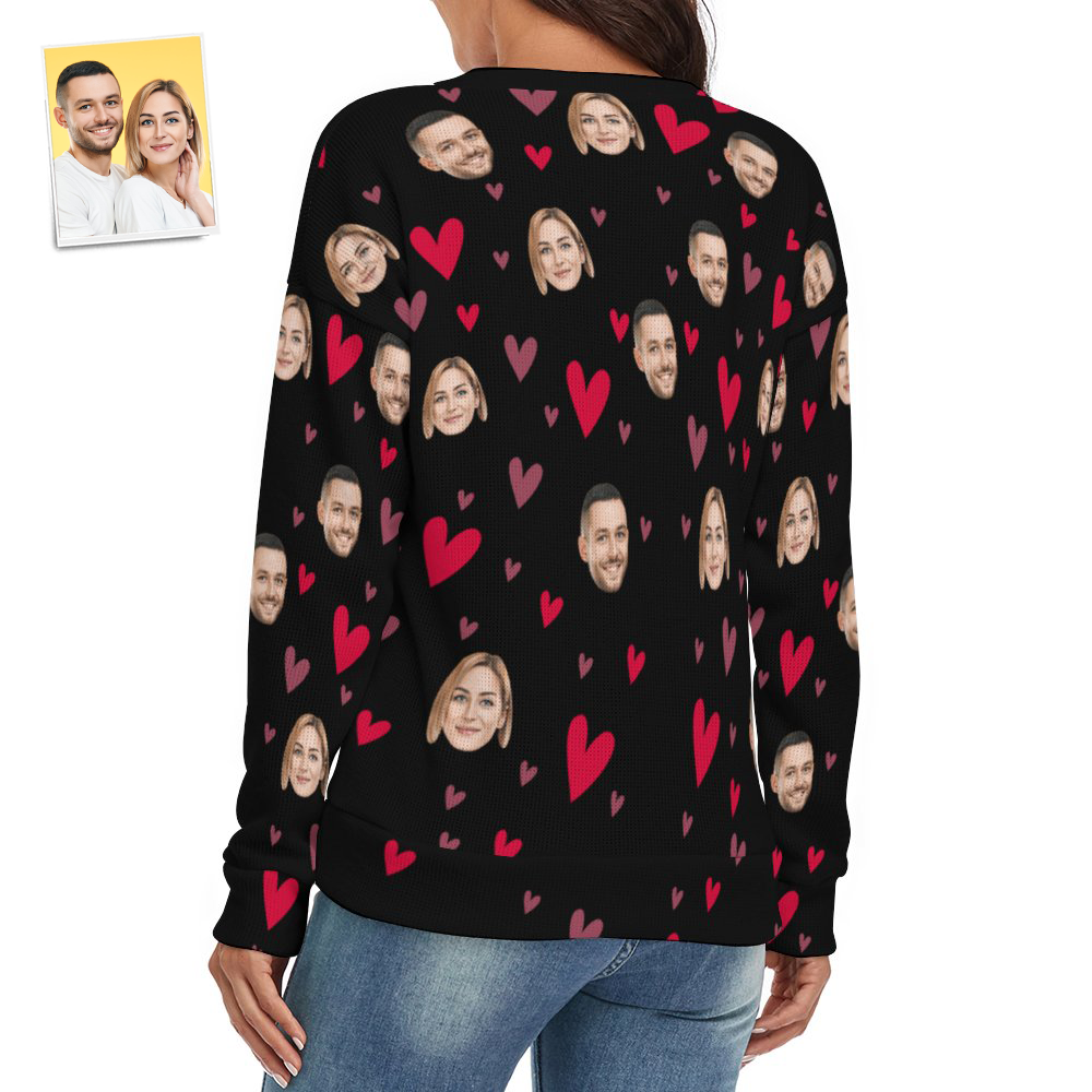 Suéter Con Cuello En V De Cara Personalizada Para Mujer Con Tema De Pareja De Corazón Pequeño Spandex Cómodo - MyFaceSocksMX