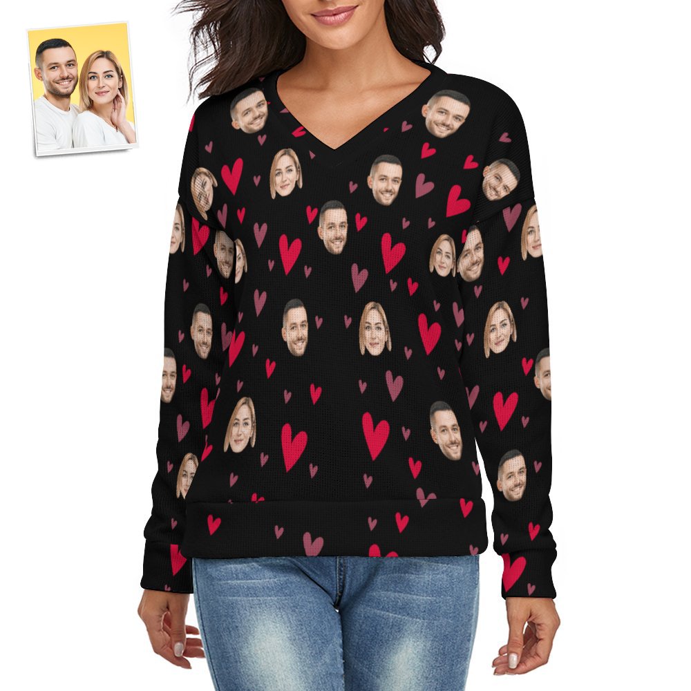 Suéter Con Cuello En V De Cara Personalizada Para Mujer Con Tema De Pareja De Corazón Pequeño Spandex Cómodo - MyFaceSocksMX