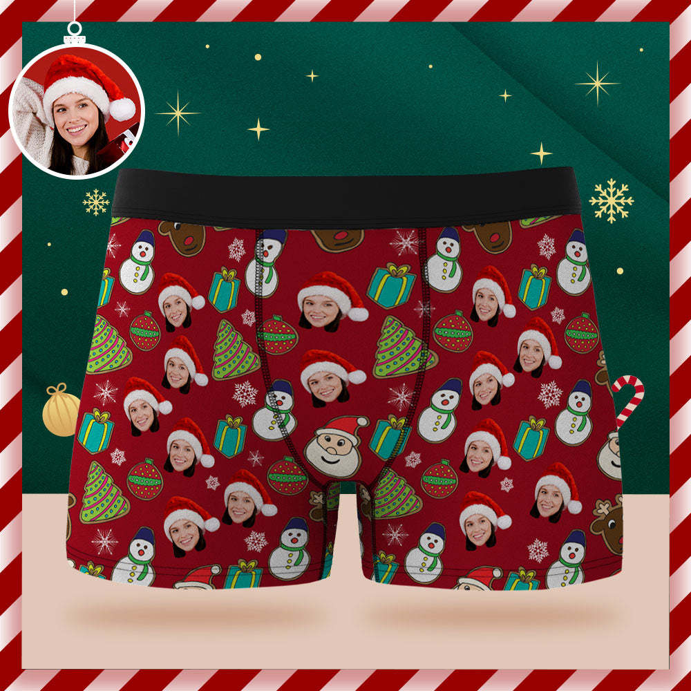 Calzoncillos Tipo Bóxer Con Cara Personalizada, Ropa Interior Roja Personalizada, Muñeco De Nieve De Papá Noel Y Alce, Regalo De Feliz Navidad Para Él - MyFaceSocksMX