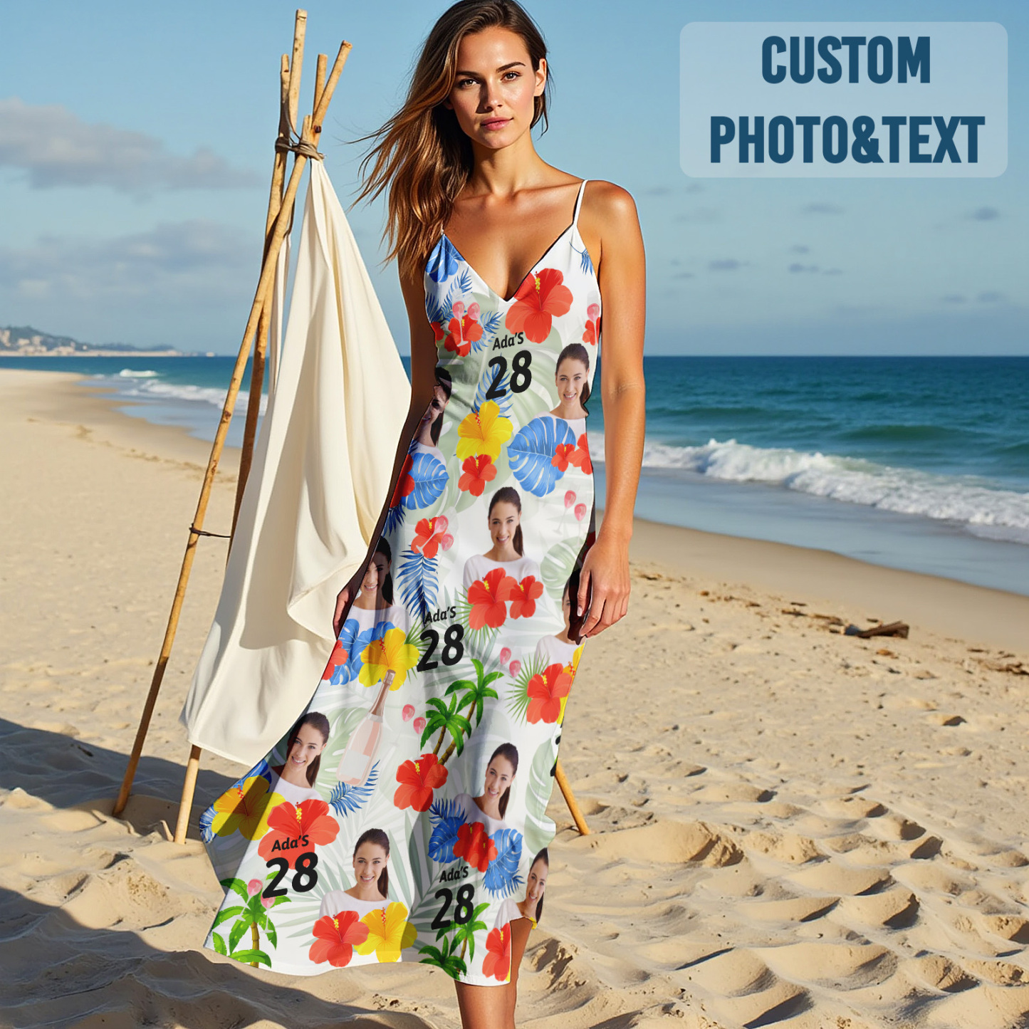 Vestido Largo Estilo Hawaiano Con Tirantes Faciales Personalizados, Vestido Negro Colorido Para Cumpleaños, Regalo De Feliz Cumpleaños - miscalcetinescaramx