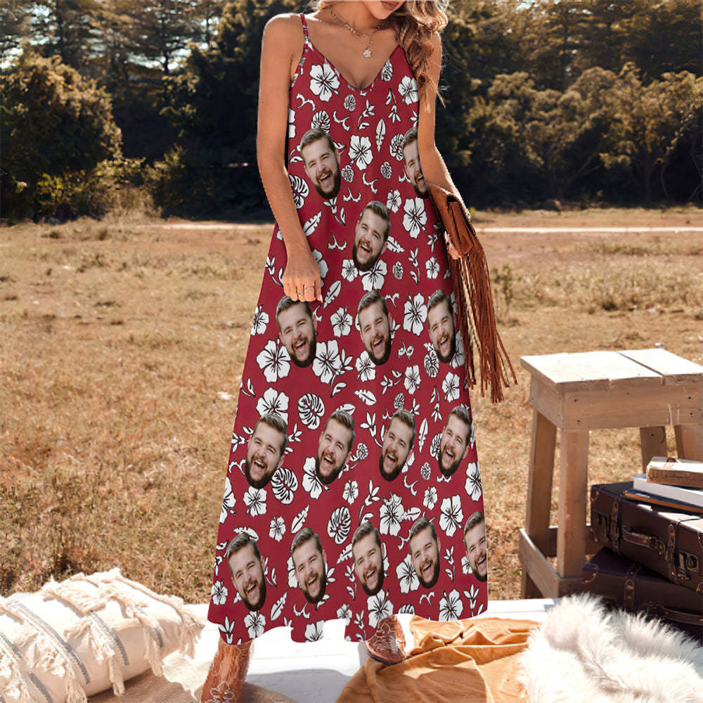 Cara Personalizada Estilo Hawaiano Vestido Largo Rojo Y Camisa Traje De Pareja Diseño De Flores Blancas - MyFaceSocksMX