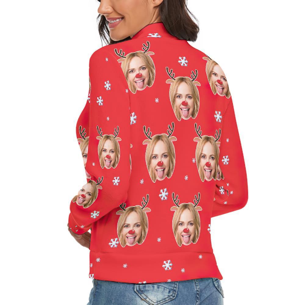 Jersey De Cuello Alto Con Cara Personalizada Para Mujer Suéter Feo De Navidad Suéteres Sueltos De Punto - Reno - MyFaceSocksMX