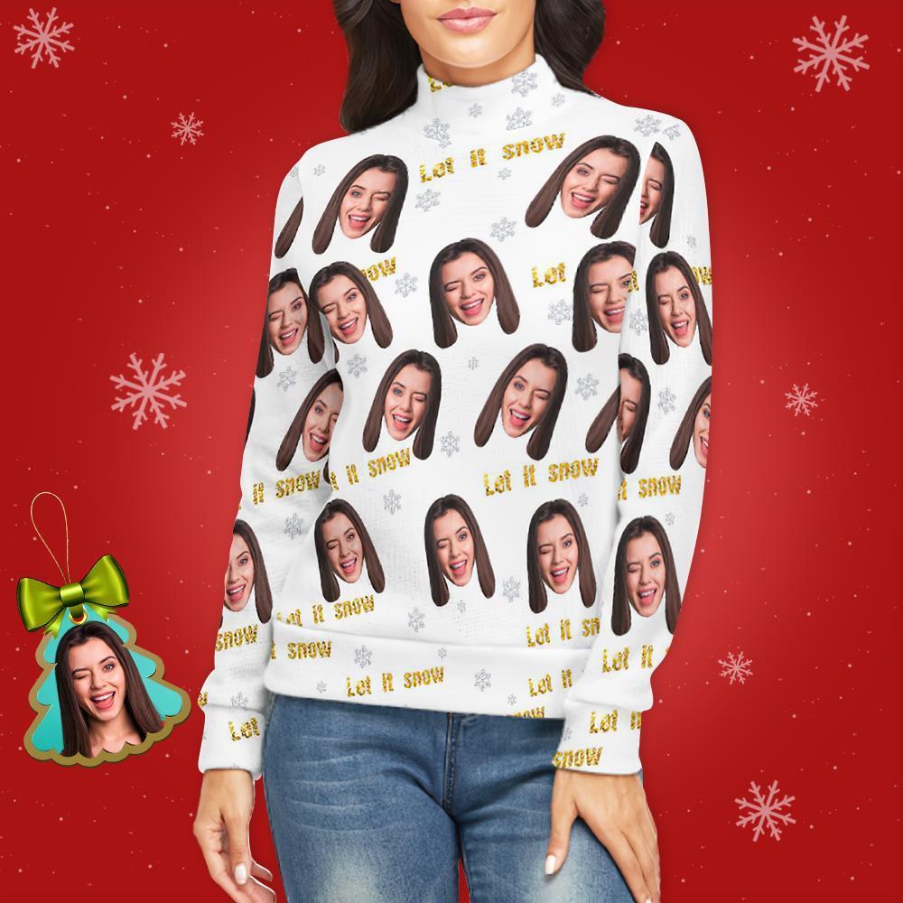 Jersey De Cuello Alto Con Cara Personalizada Para Mujer Suéter Navideño Feo Suéteres Sueltos De Punto - Let It Snow - MyFaceSocksMX