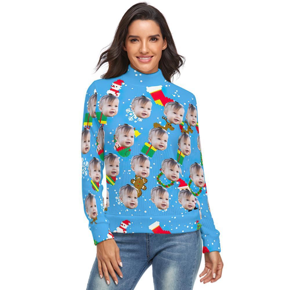 Cuello Alto De Cara Personalizada Para Mujer Suéter Feo De Navidad Suéteres Sueltos De Punto - Azul Hielo - MyFaceSocksMX