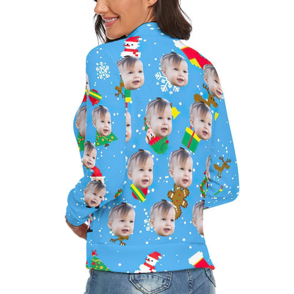 Cuello Alto De Cara Personalizada Para Mujer Suéter Feo De Navidad Suéteres Sueltos De Punto - Azul Hielo - MyFaceSocksMX