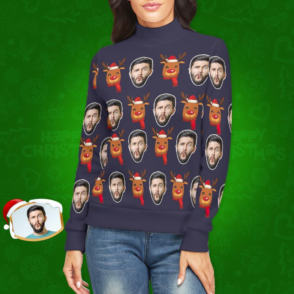 Jersey De Cuello Alto Con Cara Personalizada Para Mujer Suéter Feo De Navidad Suéteres Sueltos De Punto - Christmas Rudolph - MyFaceSocksMX