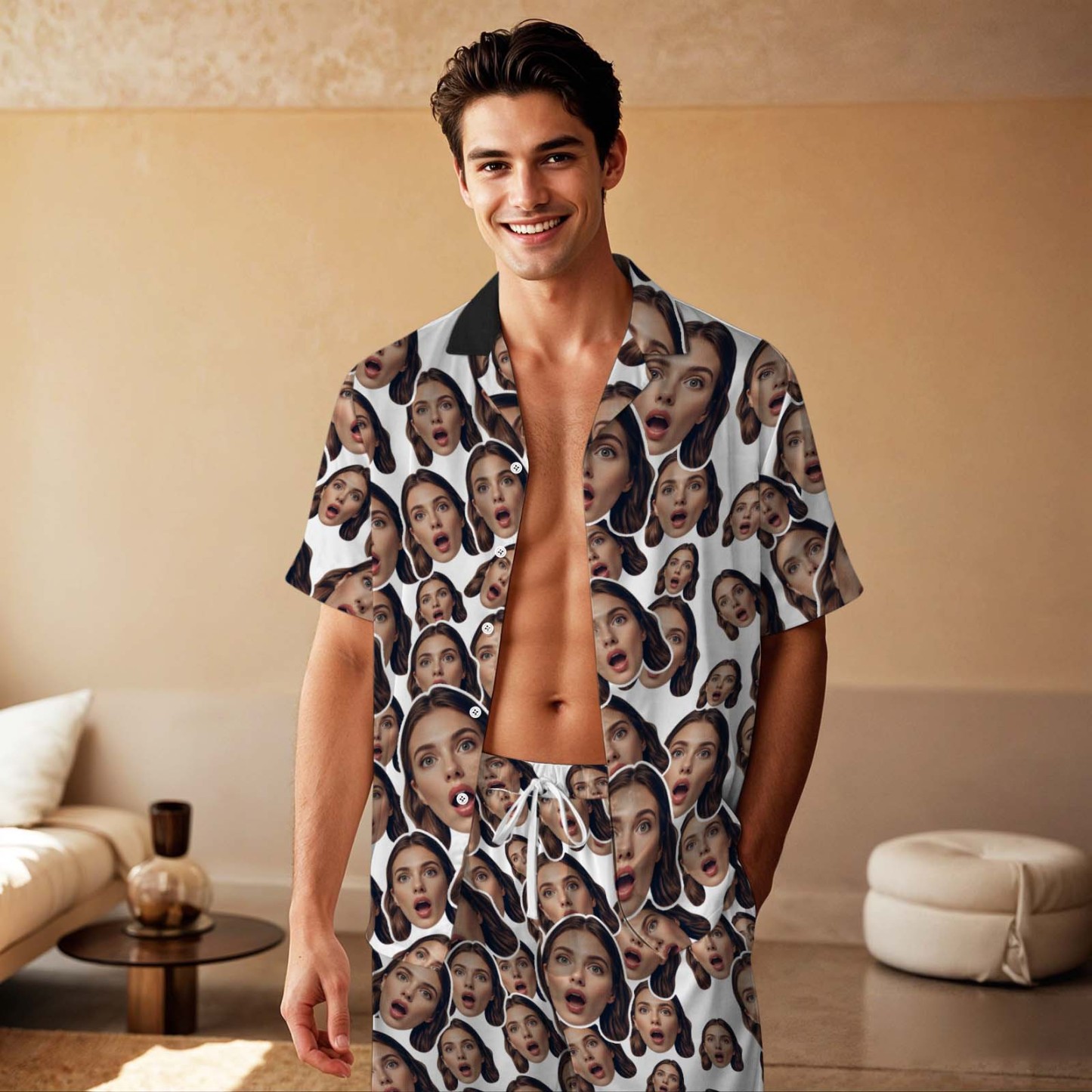 Pijamas De Manga Corta Con Cara Personalizada Ropa De Dormir Azul Personalizada Regalos De Amor - miscalcetinescaramx