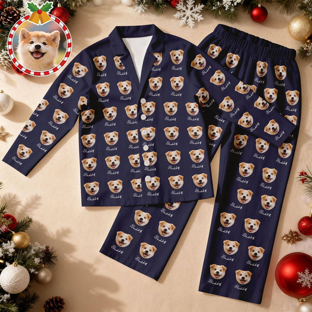 Pijama Navideño Azul Personalizado Con Cara De Mascota. Pijama De Manga Larga Personalizado Para Perro Y Gato Con Nombre. Regalo Perfecto Para Los Amantes De Las Mascotas. - miscalcetinescaramx