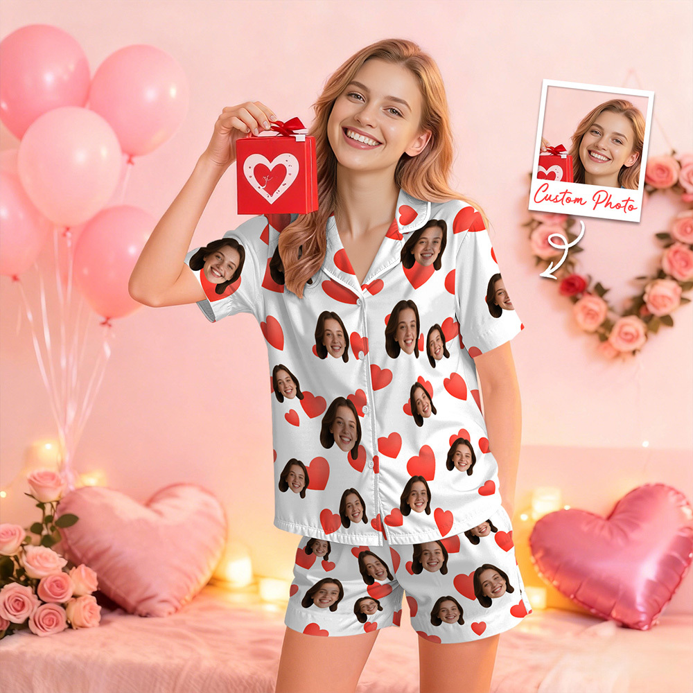 Pijama De Manga Corta Con Cara Personalizada, Ideal Como Pijama Para Parejas Con Cara De Corazón, Regalo De San Valentín Para Ella. - miscalcetinescaramx