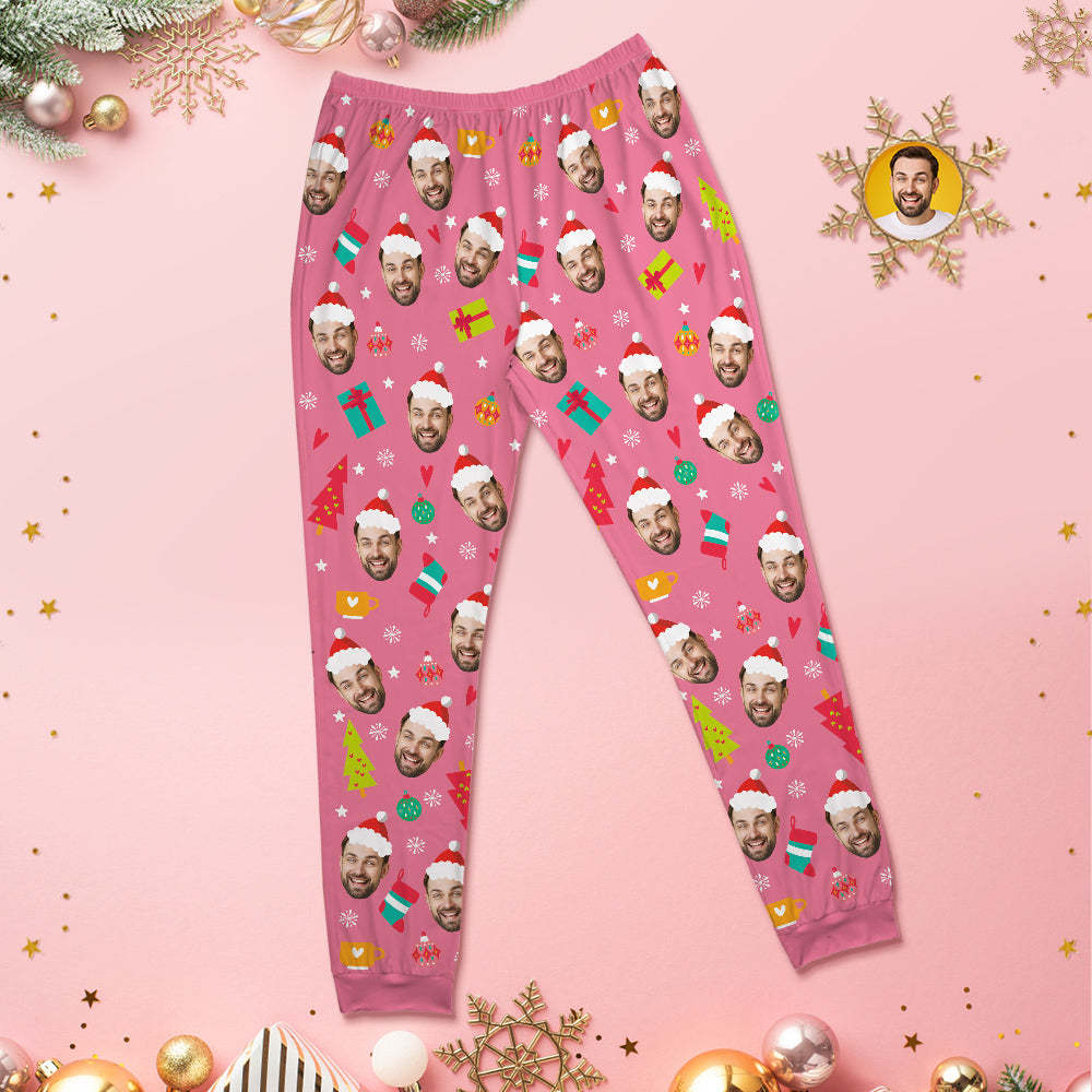 Pijamas De Color Rosa Con Cara Personalizada Pijamas De Navidad Divertidos De Cuello Redondo Personalizados Para Mujeres Y Hombres - MyFaceSocksMX