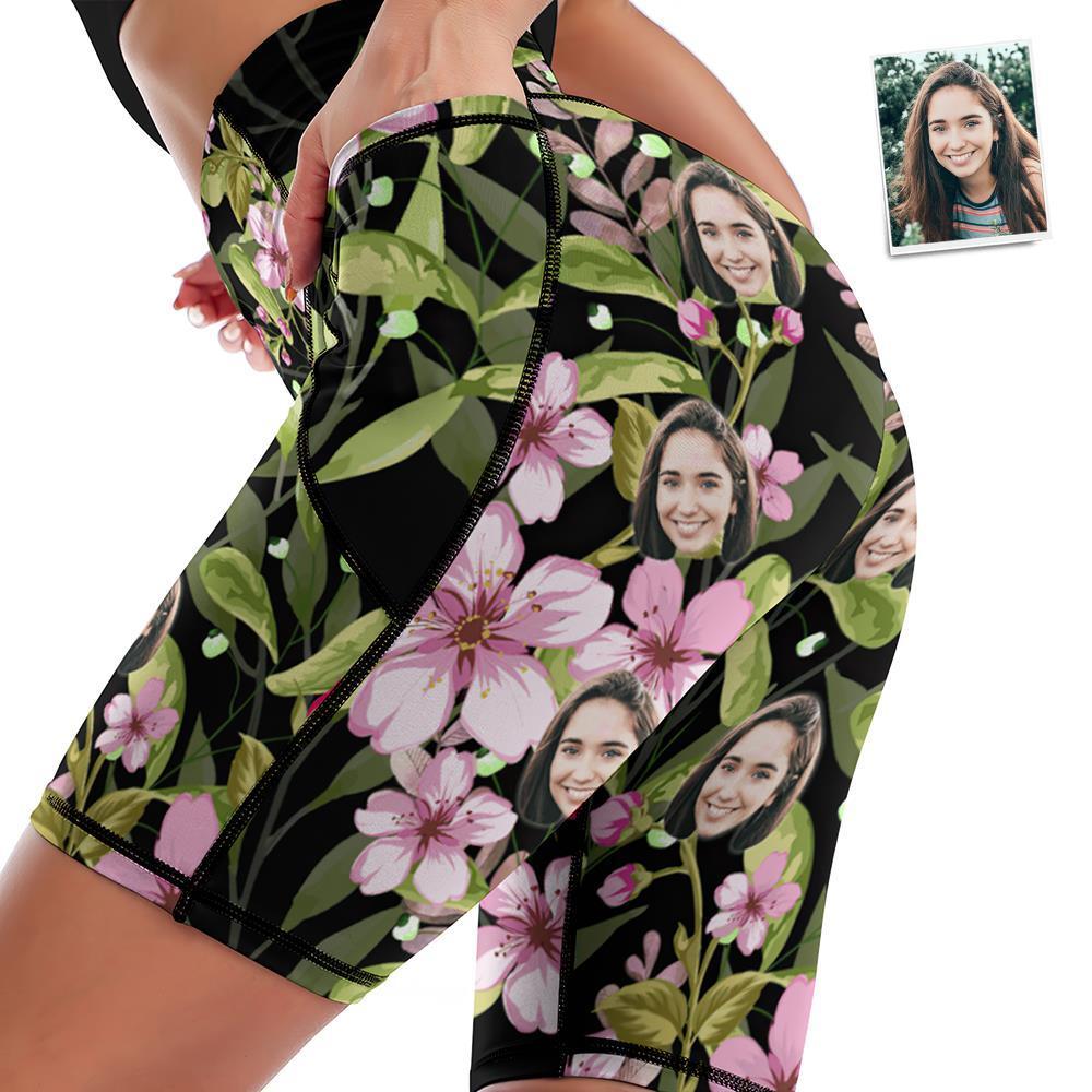 Medias Hasta La Rodilla Con Cara Personalizada Pantalones Cortos De Yoga Para Mujer Leggings Para Correr Con Bolsillos - Flores - MyFaceSocksMX