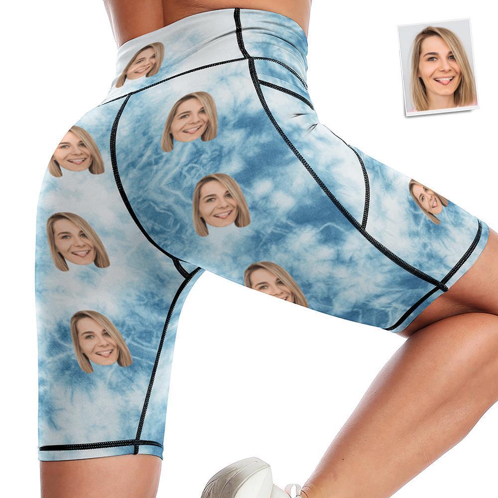 Medias Hasta La Rodilla Con Cara Personalizada Pantalones Cortos De Yoga Para Mujer Leggings Para Correr Con Bolsillos - Tie Dye Azul - MyFaceSocksMX