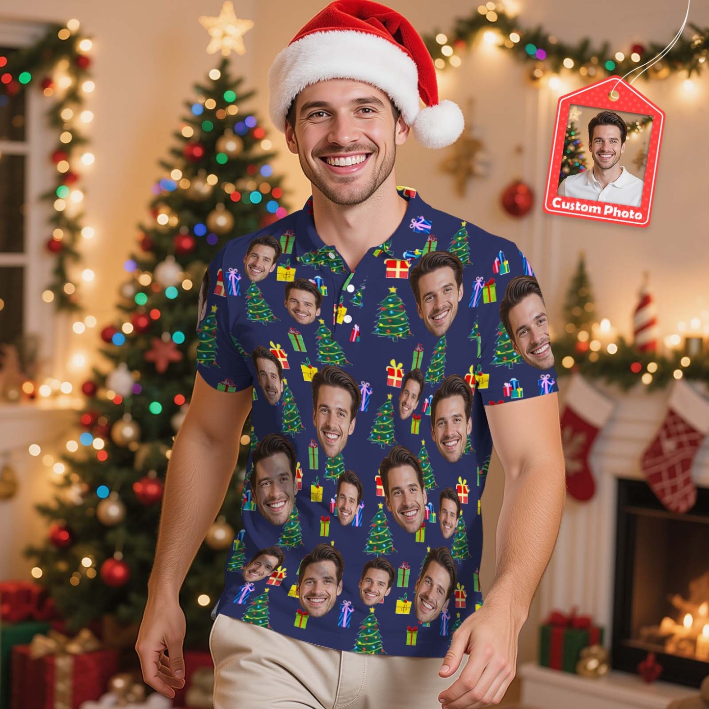 Polo Personalizado Con Árbol De Navidad Y Luces Navideñas Para Hombre. Polo Festivo Con Cara Personalizada Y Árbol De Navidad. - miscalcetinescaramx