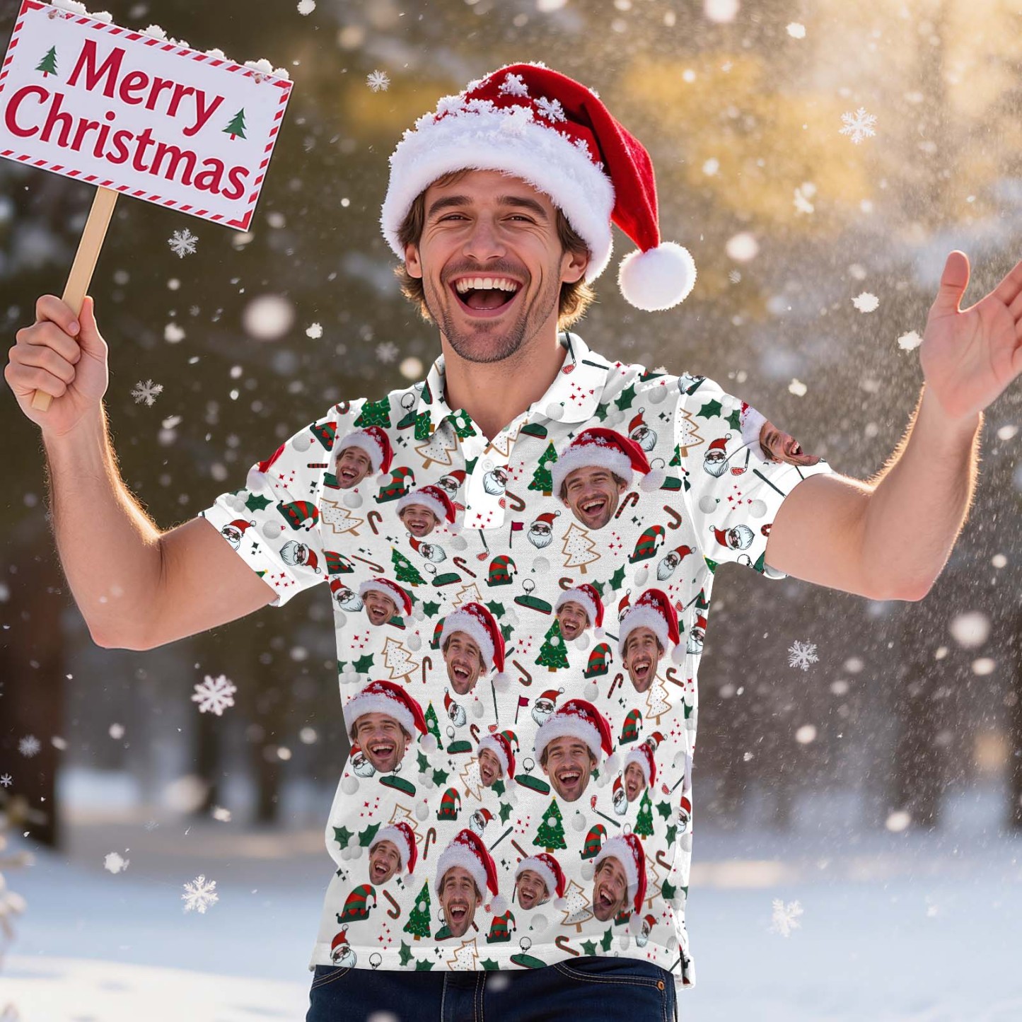 Polo Personalizado Con Árbol De Navidad Y Luces Navideñas Para Hombre. Polo Festivo Con Cara Personalizada Y Árbol De Navidad. - miscalcetinescaramx