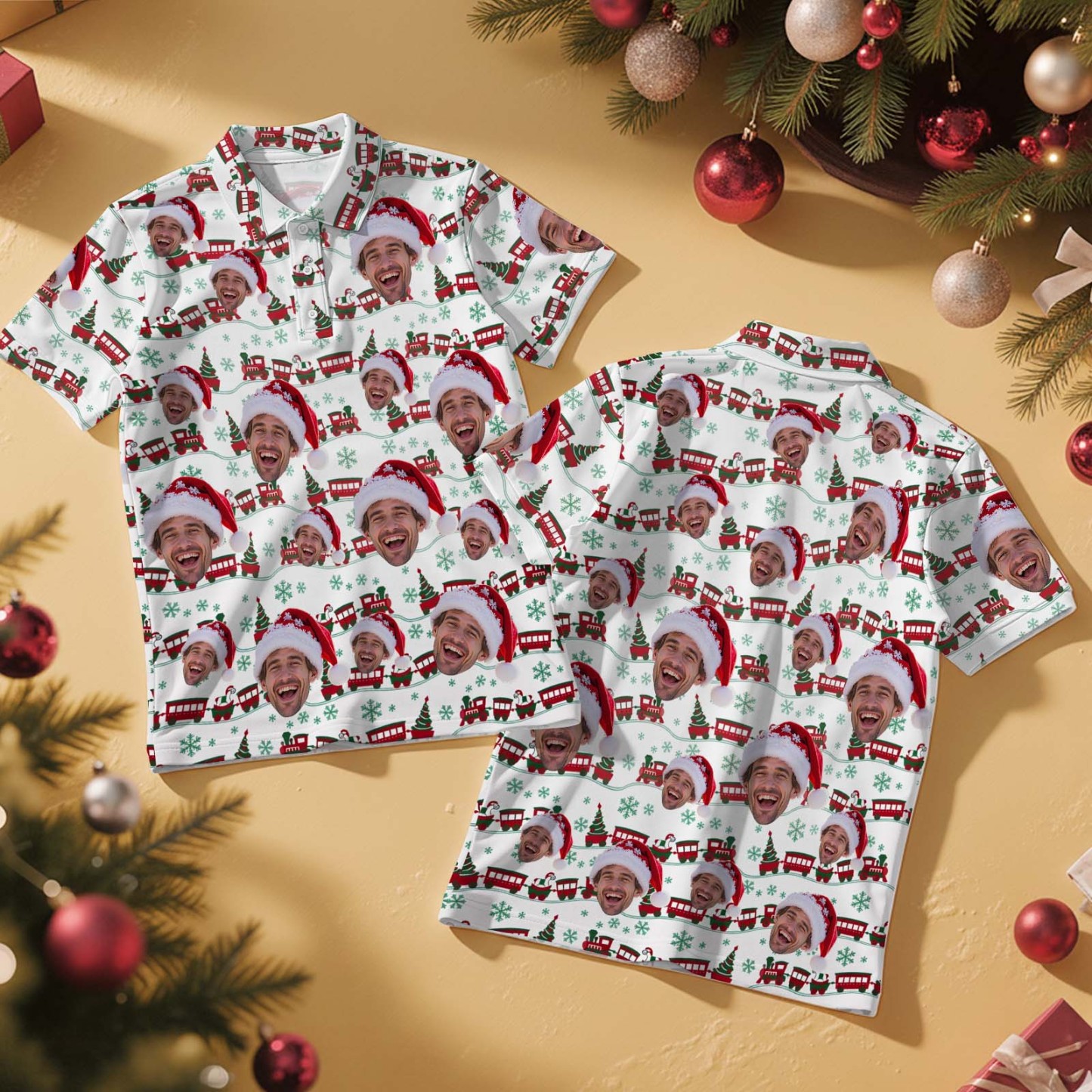 Polo Personalizado Con Árbol De Navidad Y Luces Navideñas Para Hombre. Polo Festivo Con Cara Personalizada Y Árbol De Navidad. - miscalcetinescaramx