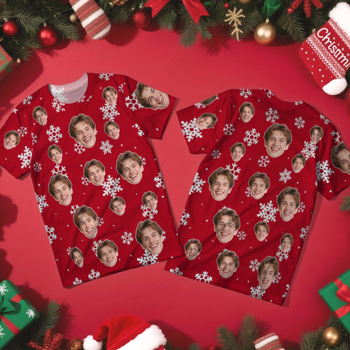 Camiseta Navideña Personalizada Con Foto De Papá Noel Verde Oscuro. Camiseta Navideña Personalizada Para Familiares, Amigos Y Parejas. Regalo De Navidad. - miscalcetinescaramx