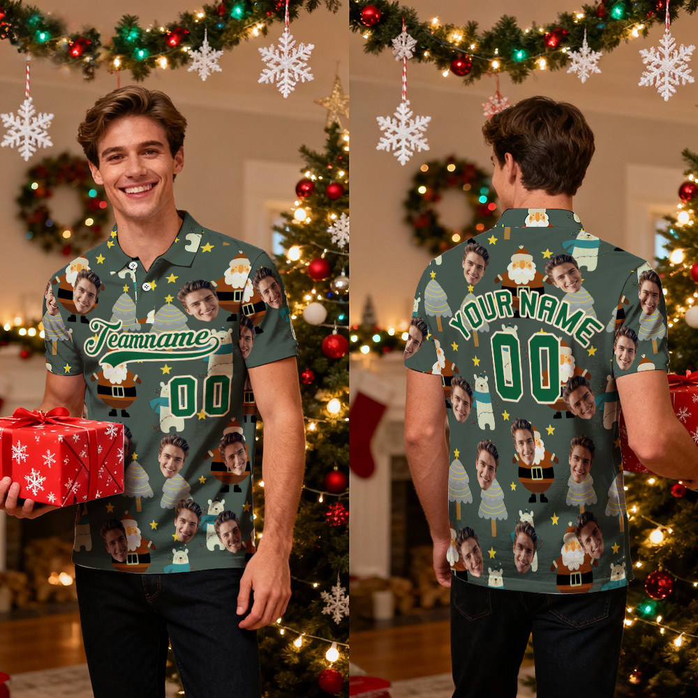 Polo Navideño De Hombre Jengibre Azul Con Cara Y Texto Personalizados, Polo De Golf De Alto Rendimiento Con Papá Noel Navideño - miscalcetinescaramx