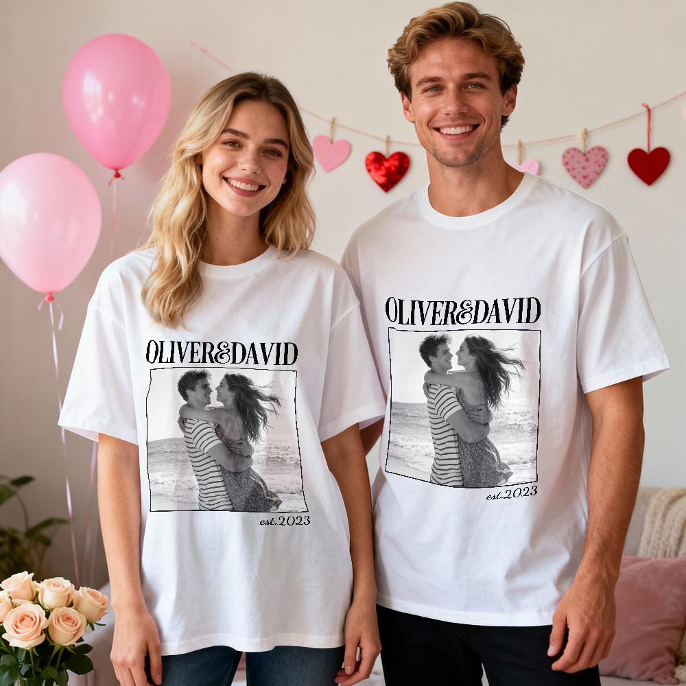 Camiseta Personalizada Con Foto De Pareja. Camiseta Con Foto Personalizada. Nombre Y Año De Aniversario Estimado. Regalo De San Valentín Para Ella. - miscalcetinescaramx