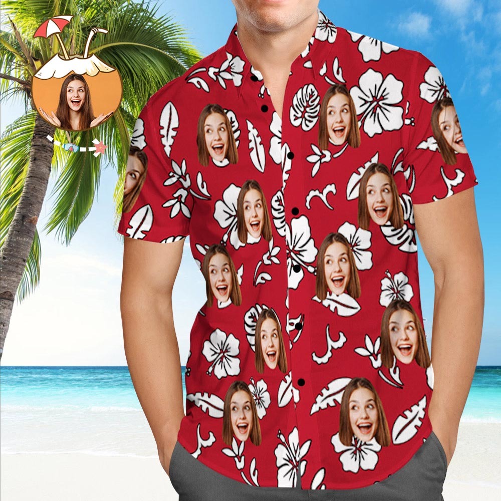 Camisa Hawaiana Personalizada Con Cara De Mascota Camisa Hawaiana Tropical Personalizada Camisas Rojas Con Botones - MyFaceSocksMX
