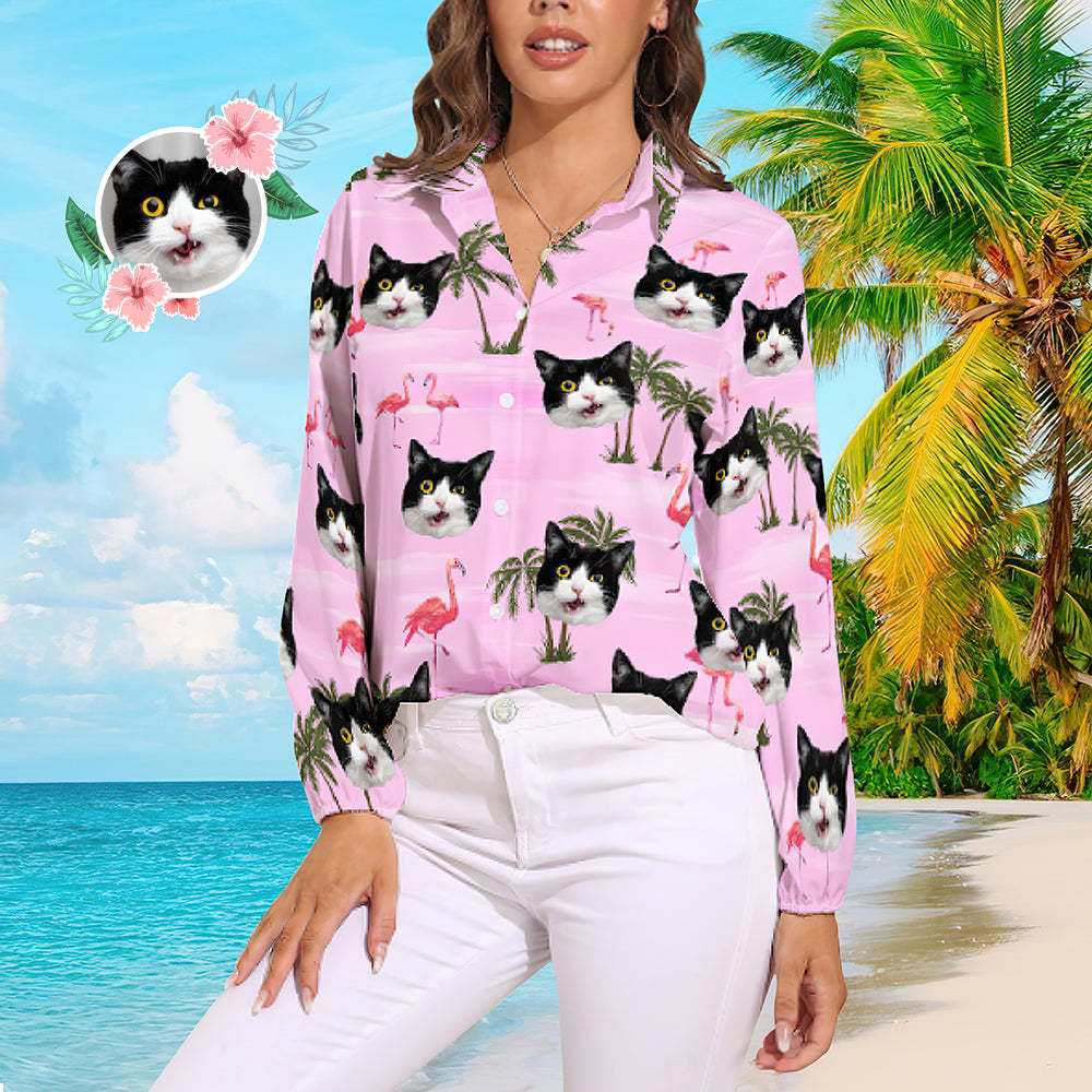 Camisas Hawaianas Personalizadas Con Cara De Gato, Camisas Hawaianas De Manga Larga Vintage Con Flamenco Rosa Para Mujer - MyFaceSocksMX