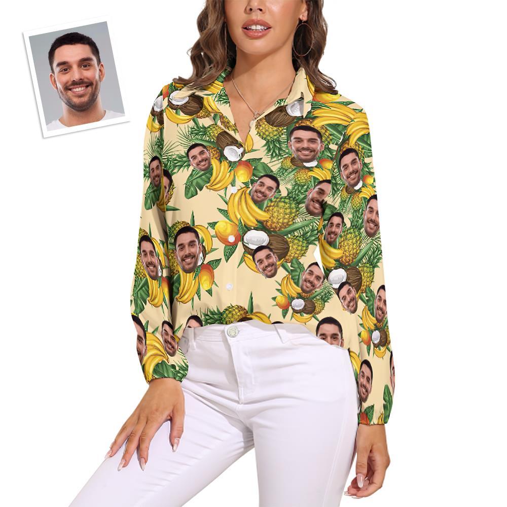 Camisas Hawaianas Personalizadas Con Cara De Mascota, Camisas Hawaianas De Manga Larga Con Frutas Tropicales Para Mujer - MyFaceSocksMX