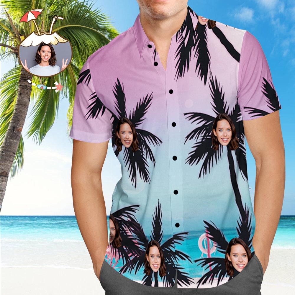 Camisa Hawaiana Personalizada Camisa Hawaiana Con Cara Personalizada Camisas Con Botones De Árboles De Coco - MyFaceSocksMX