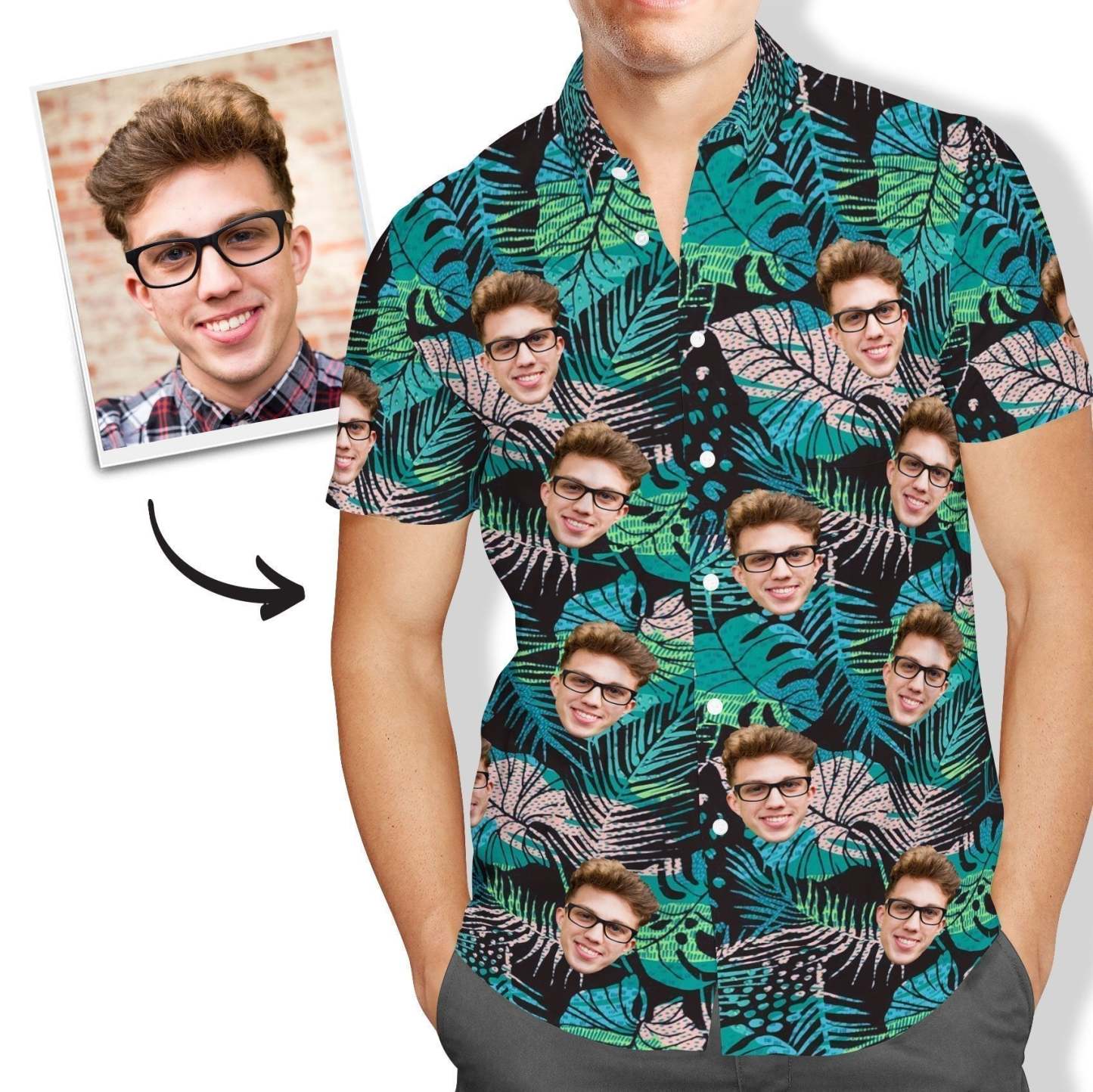 Custom Face Hawaiian Shirt Men's All Over Print Large Leaves Short Sleeve Shirt - facesocks