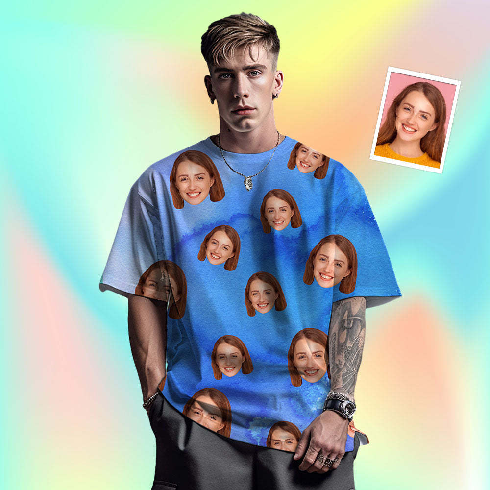Camiseta De Hombre De Cara Personalizada Foto Personalizada Camiseta De Tinta De Color Divertido Regalo Color Azul - MyFaceSocksMX