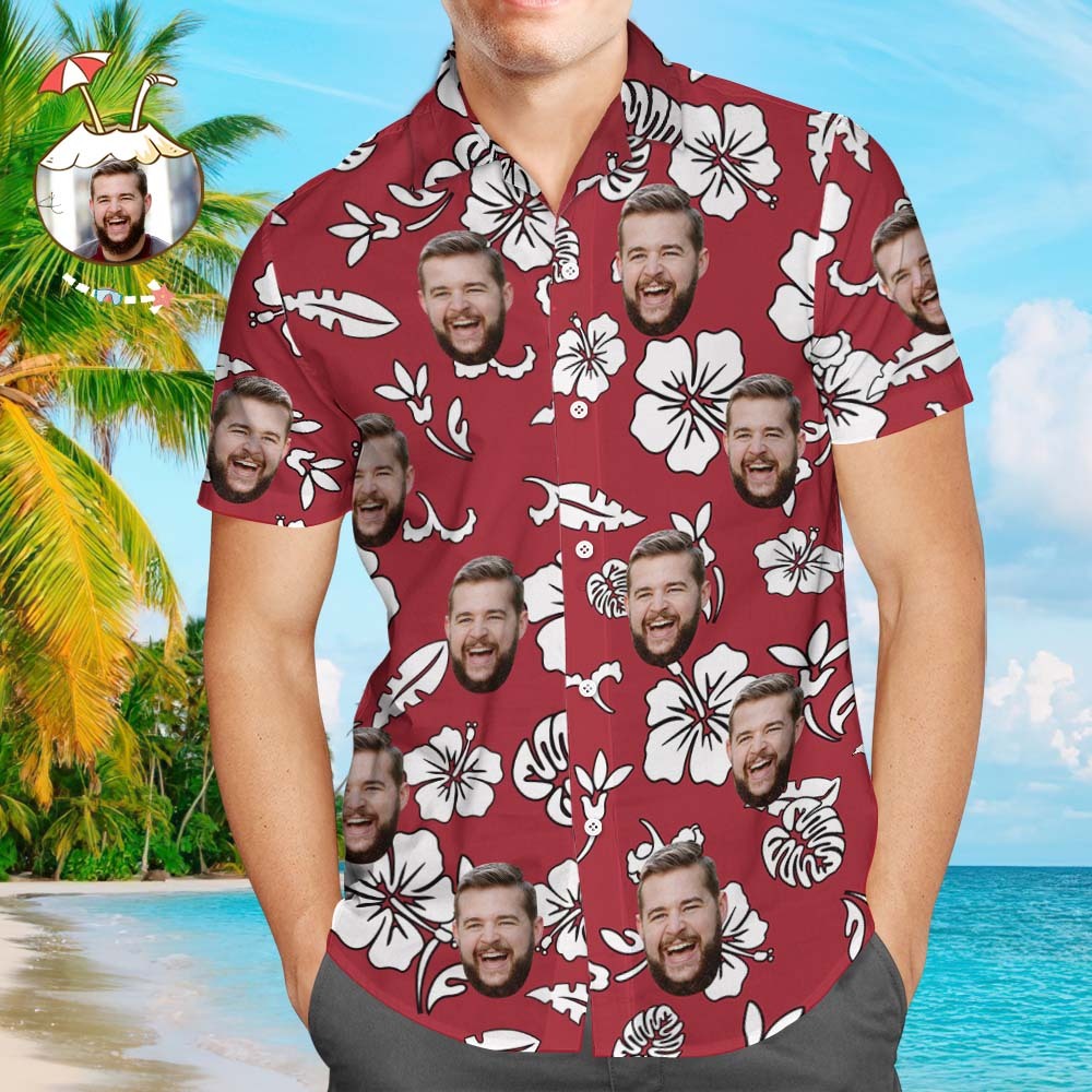 Custom Face Red Hawaiian Shirt Flowers And Leaves - facesocks