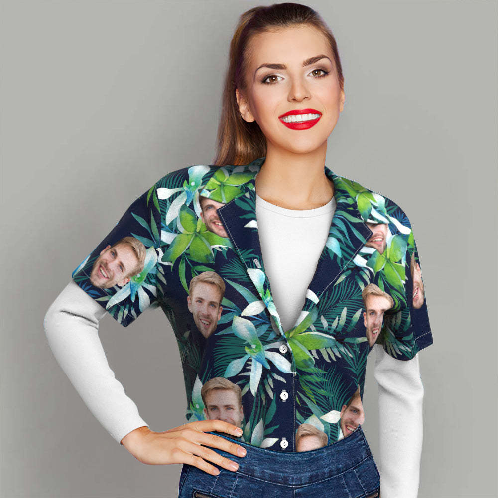 Camisa Hawaiana De Estilo Tropical Con Estampado De Cara Personalizada, Para Ella - MyFaceSocksMX