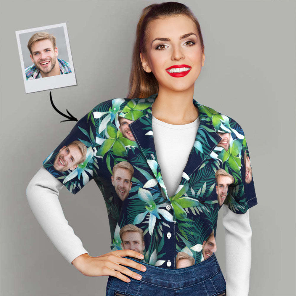 Camisa Hawaiana De Estilo Tropical Con Estampado De Cara Personalizada, Para Ella - MyFaceSocksMX