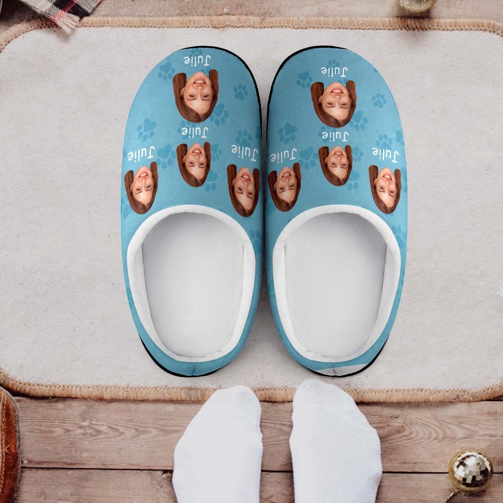 Zapatillas Personalizadas Con Foto Y Nombre Para Hombre Y Mujer, Pantuflas De Algodón Informales Personalizadas Con Huella, Regalo De Navidad - MyFaceSocksMX