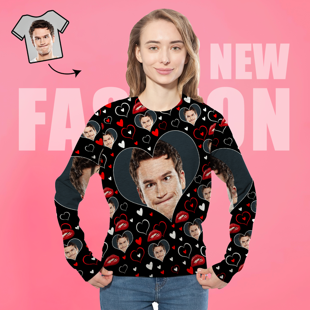 Cara Personalizada Sudadera Unisex Foto Impresa Casual Camisa De Cuello Redondo Negra Para Hombres Mujeres - Corazón - MyFaceSocksMX