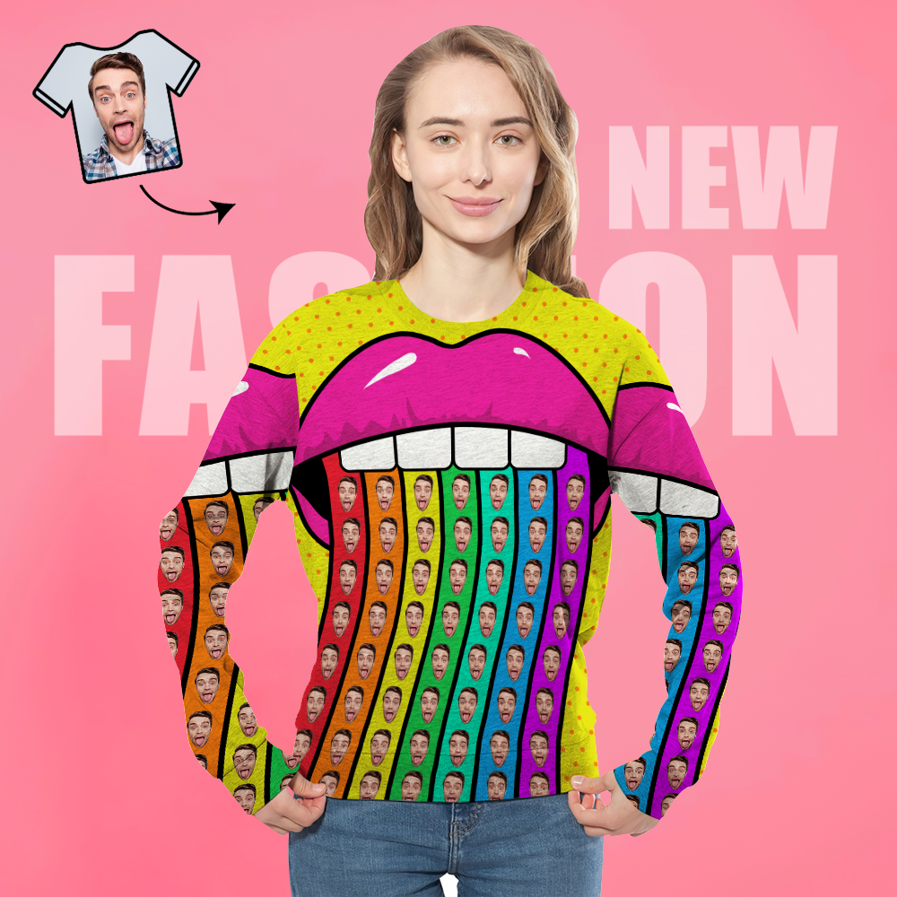 Cara Personalizada Sudadera Unisex Casual Impreso Foto Cuello Redondo Camisa Para Hombres Mujeres - Rainbow Lips - MyFaceSocksMX