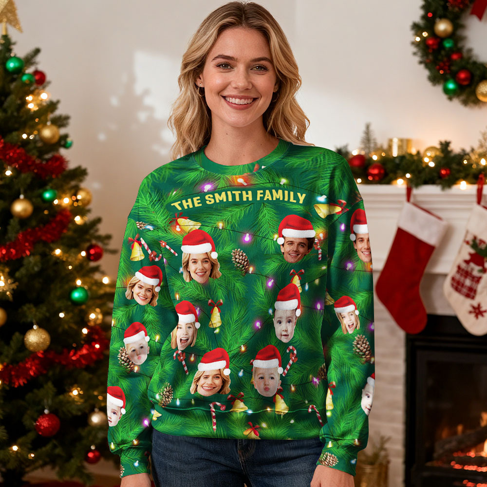 Sudadera Con Capucha Y Cuello Redondo Personalizada Con Foto, Regalo Ideal Para La Familia, Con Forma De Bombilla Navideña. - miscalcetinescaramx