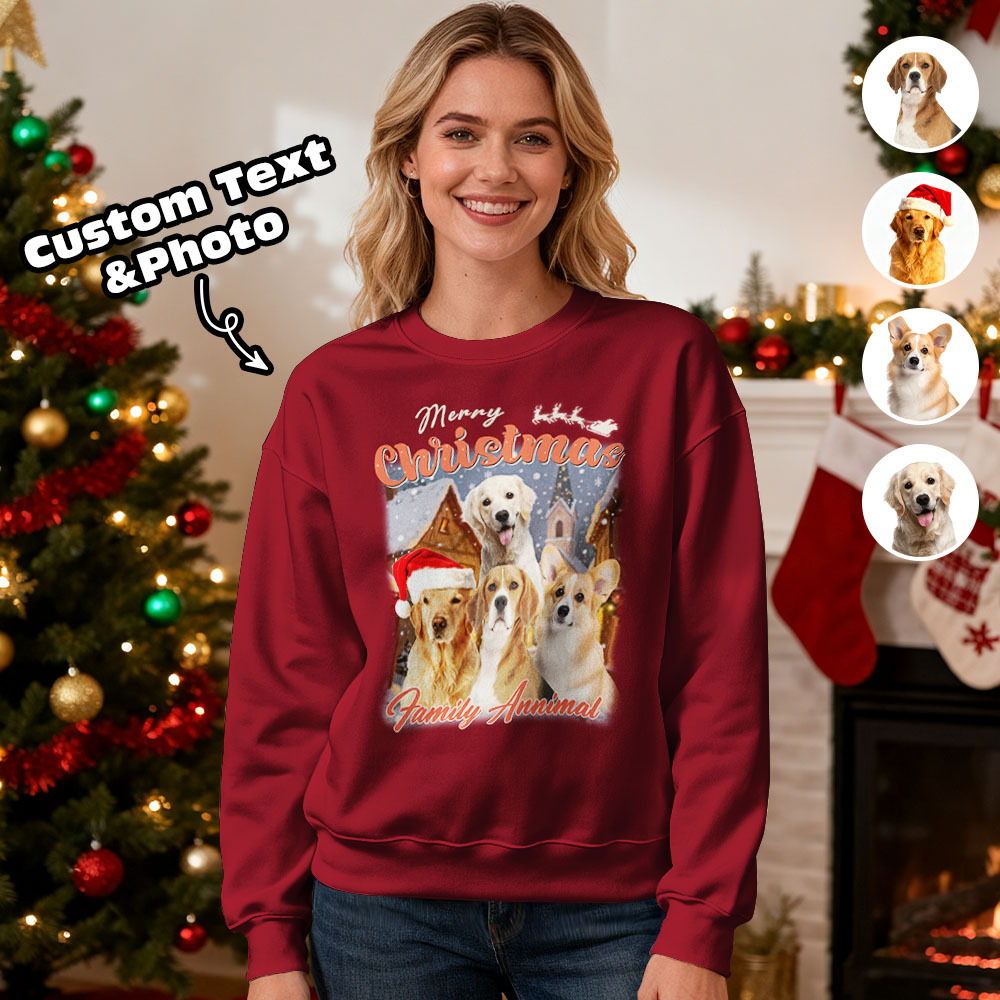 Sudadera Con Capucha Y Cuello Redondo Con Cara Personalizada, Retrato Retro Vintage De Tu Mascota, Sudadera Navideña - miscalcetinescaramx